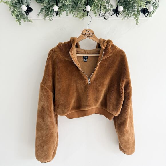 BDG Urban Outfitters Fuzzy Cropped 1/4 Zip Jacket with Hood Teddy Brown Size XS - Picture 3 of 6